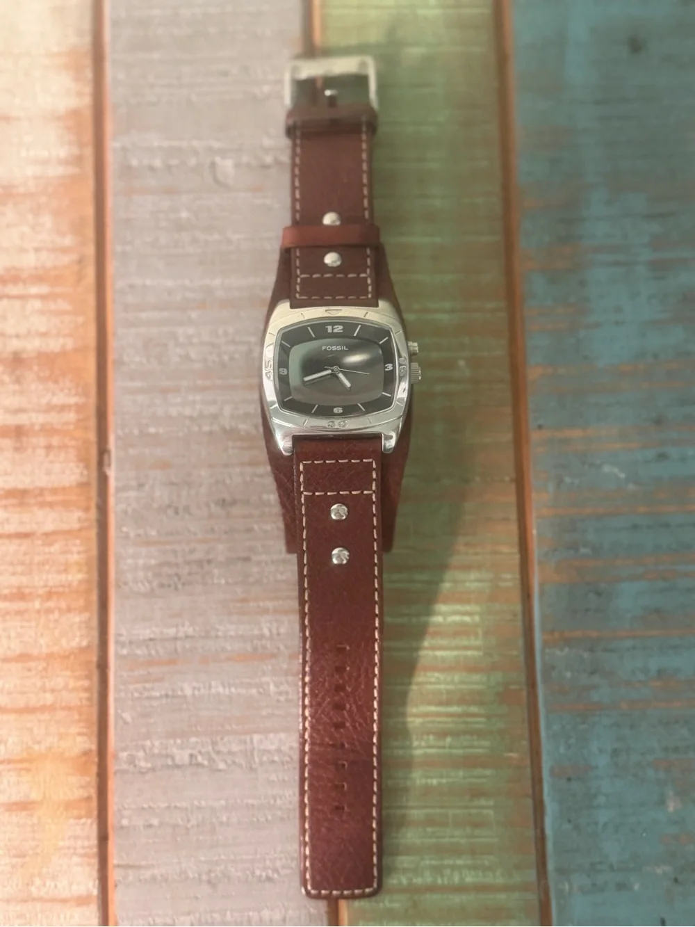 Fossil Men's AM3695 Cuff Kaleido Leather Strap Blue Mirror Dial Watch